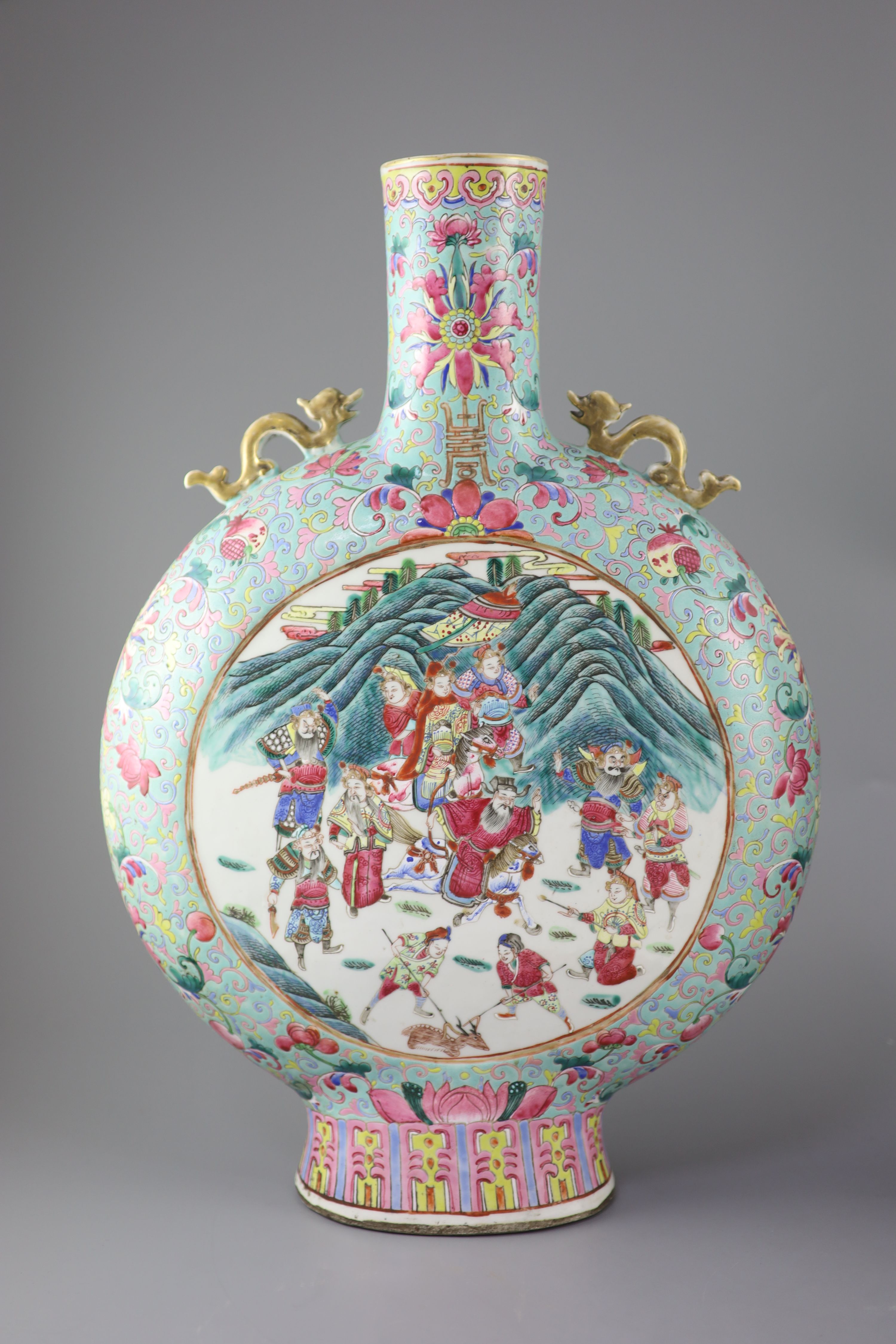 A pair of large Chinese turquoise ground famille rose moon flasks, Tongzhi seal mark and of the period (1862-74), 51cm high, Provenance